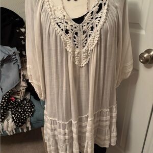 Umgee Cream Crochet V-Neck Boho Tunic